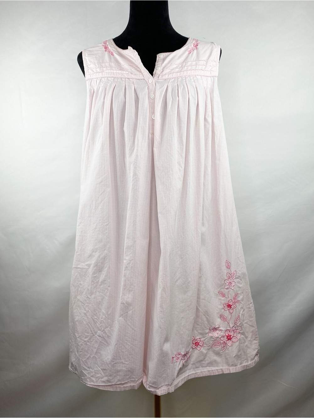 Vintage Amanda Stewart Pink Gingham Embroidered Floral Cotton Nightgown Size XL